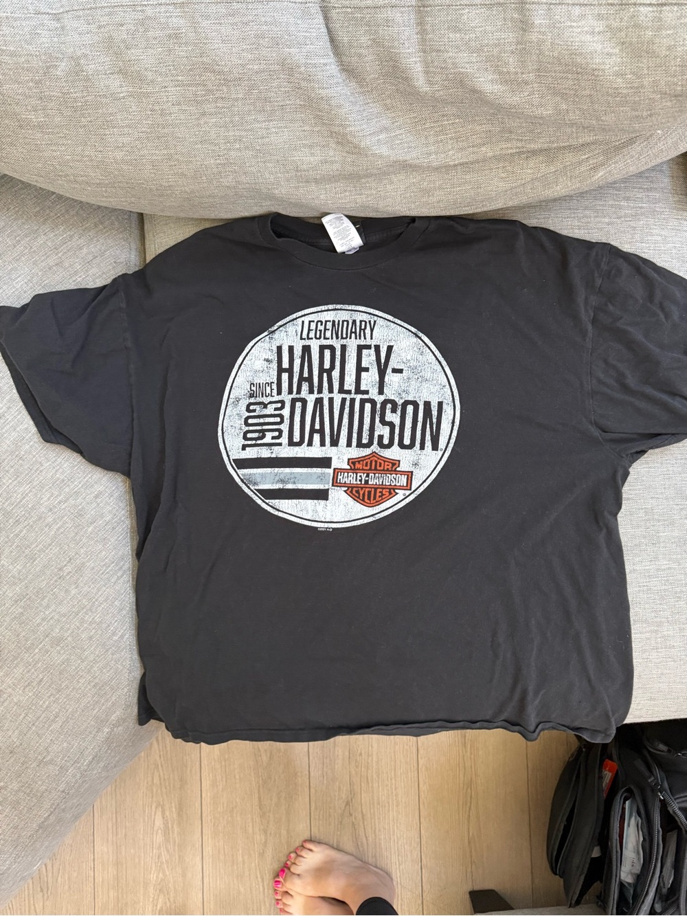Harley-Davidson Black Tee with White and Orange Shield Graphic